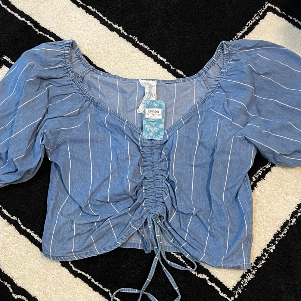 Boutique Blue Ruched Cropped Blouse